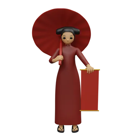 Mujer china sosteniendo paraguas y pancarta  3D Illustration