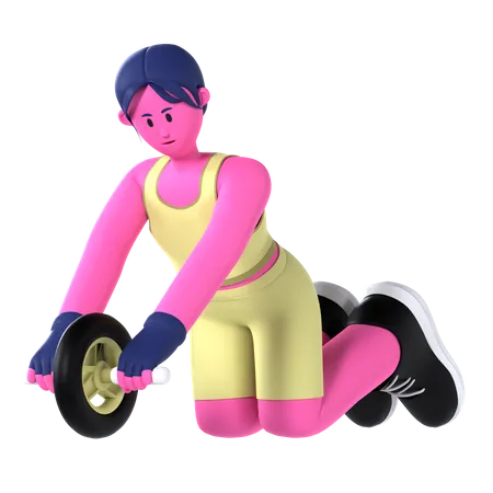 Mujer haciendo abdominales con rodillo  3D Illustration