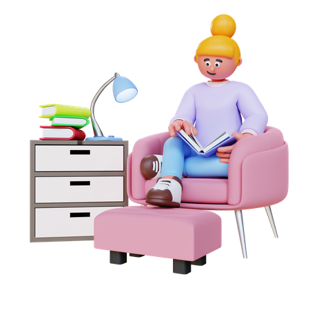 Mujer leyendo un libro y sentándose en el sofá  3D Illustration