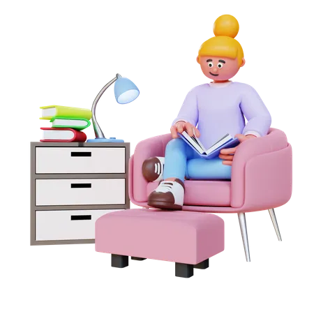 Mujer leyendo un libro y sentándose en el sofá  3D Illustration