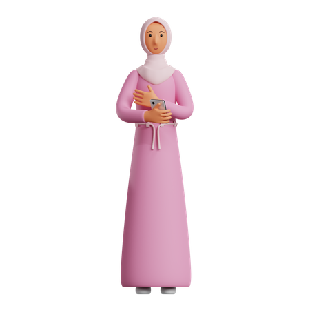 Mujer musulmana sosteniendo móvil  3D Illustration