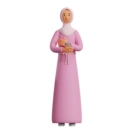 Mujer musulmana sosteniendo móvil  3D Illustration