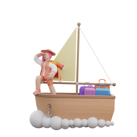 Mujer navega en barco  3D Illustration