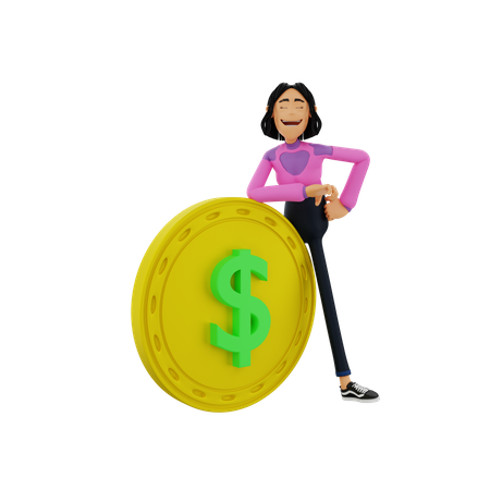 Mulher apoiada na moeda de um dólar  3D Illustration