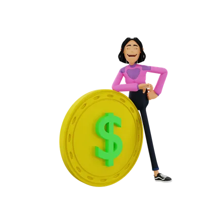 Mulher apoiada na moeda de um dólar  3D Illustration