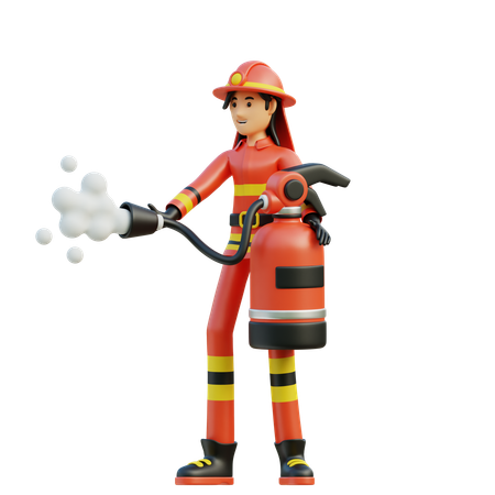 Bombeira feminina carrega um extintor de incêndio  3D Illustration