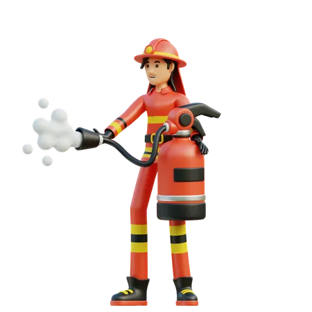 Bombeira feminina carrega um extintor de incêndio  3D Illustration