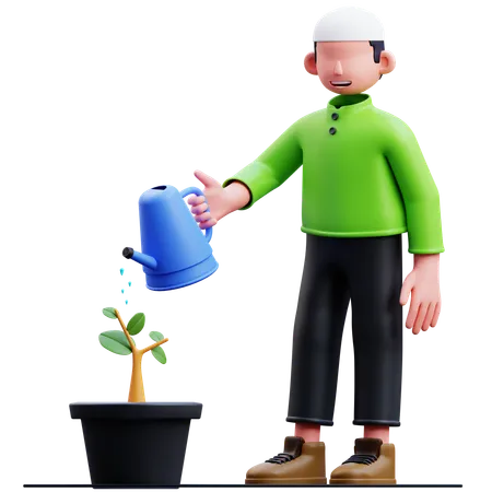 Muslim Man Watering Plants  3D Illustration