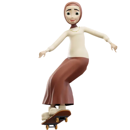 Muslim woman riding skateboarding  3D Illustration