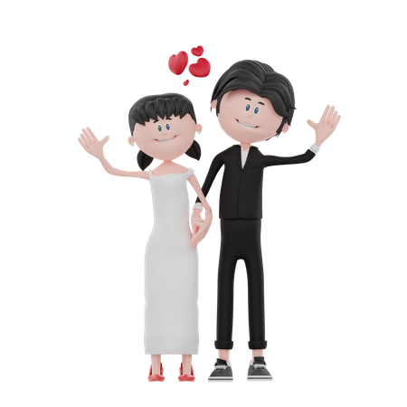 Newly wedded couple waiving hand  3D Illustration