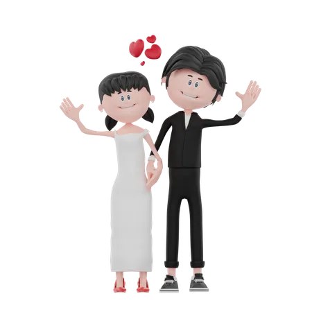 Newly wedded couple waiving hand  3D Illustration