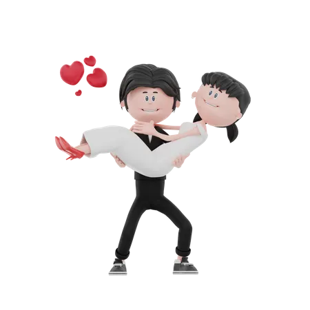 Newly wedded groom holding bride  3D Illustration