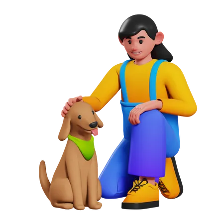 Niña jugando con perro mascota  3D Illustration