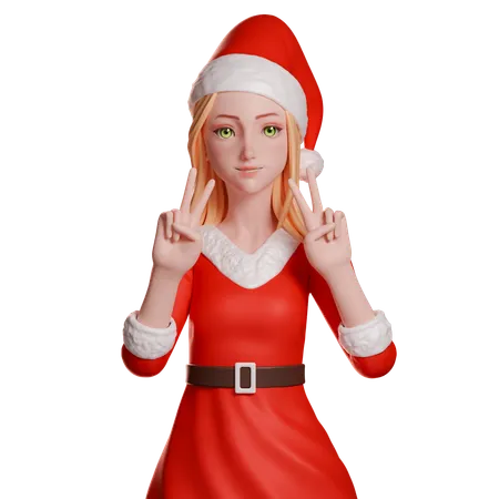 Niña de Santa Claus mostrando el gesto de la paz con ambas manos  3D Illustration