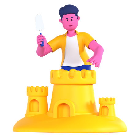 Joven haciendo castillos de arena  3D Illustration