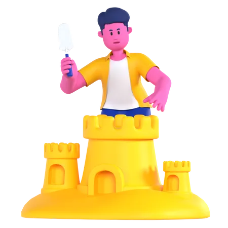 Joven haciendo castillos de arena  3D Illustration