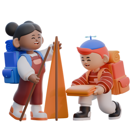 Trabajo en equipo de niño y niña  3D Illustration