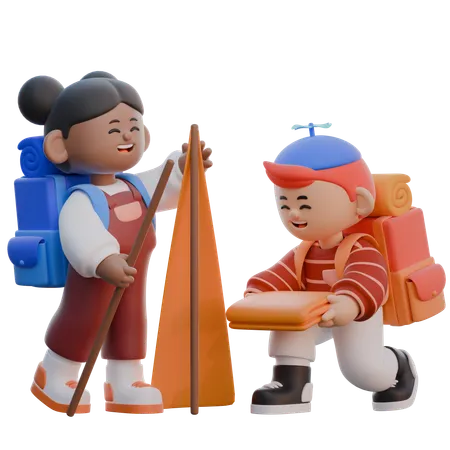 Trabajo en equipo de niño y niña  3D Illustration