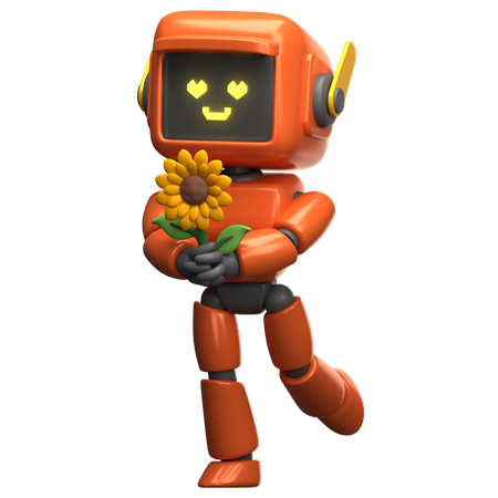 Orange Robot Holding A Flower  3D Illustration