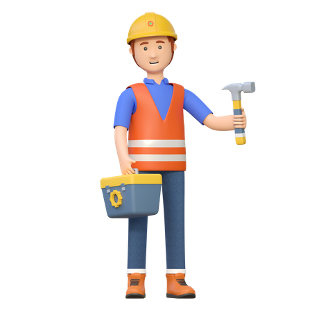 Travailleur de la construction portant un marteau  3D Illustration