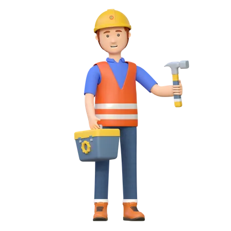 Travailleur de la construction portant un marteau  3D Illustration