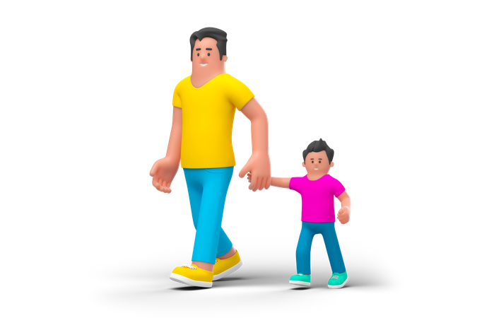 Padre caminando con hijo  3D Illustration