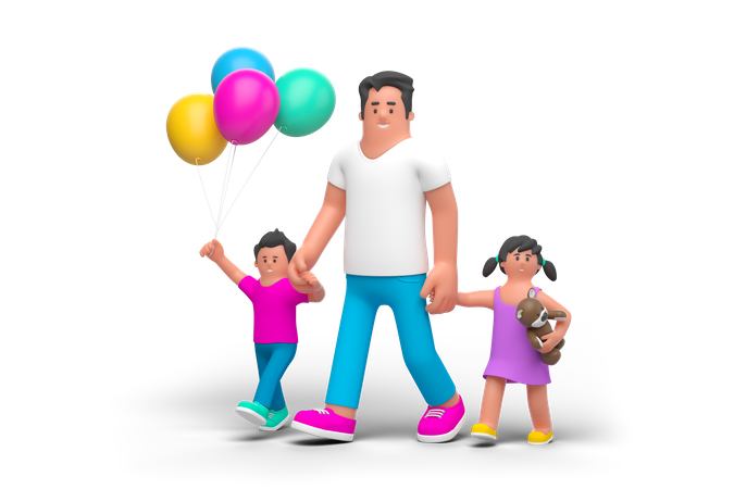 Padre caminando con niño  3D Illustration