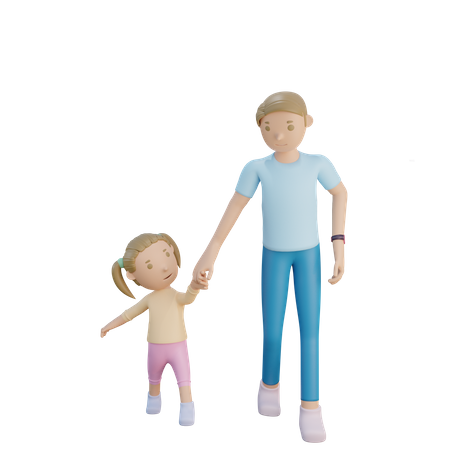 Padre e hija caminando juntos  3D Illustration