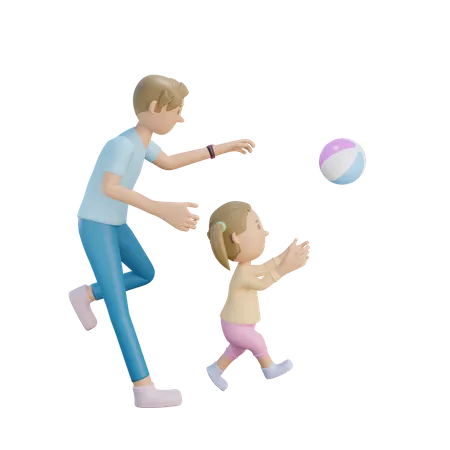 Padre e hija persiguiendo la pelota.  3D Illustration