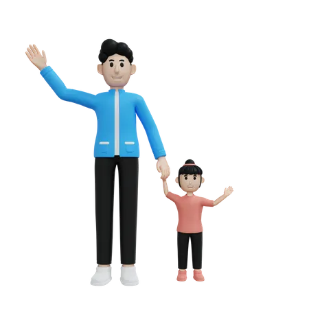 Padre e hija saludan  3D Illustration