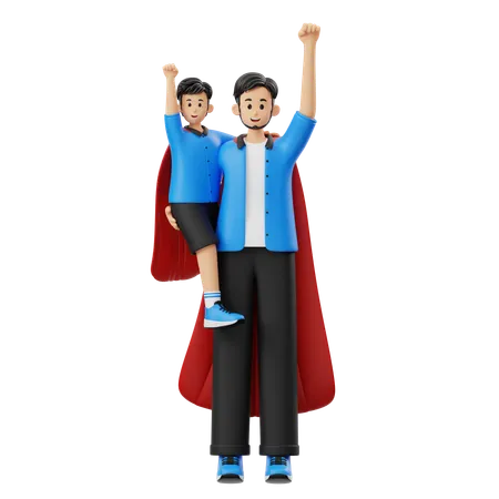 Padre e hijo disfrazados de Superman  3D Illustration