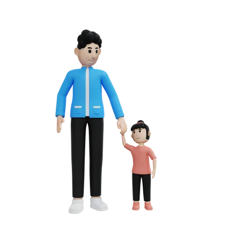 Padre hija tomados de la mano  3D Illustration