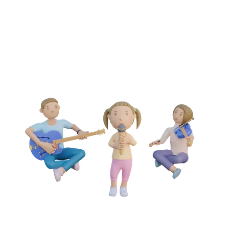 Padre mamá e hija cantan y tocan música.  3D Illustration