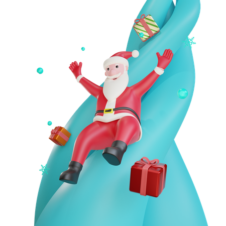 Papá Noel deslizándose con regalos.  3D Illustration