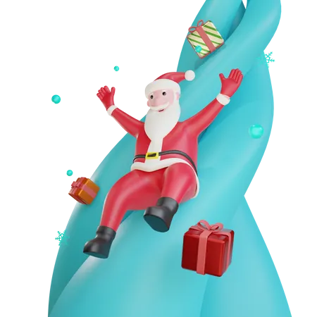 Papá Noel deslizándose con regalos.  3D Illustration