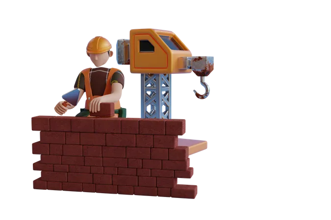 El hombre construyó un muro de ladrillos en el sitio de construcción  3D Illustration