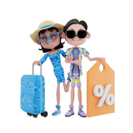 Pareja con bolso y descuento.  3D Illustration