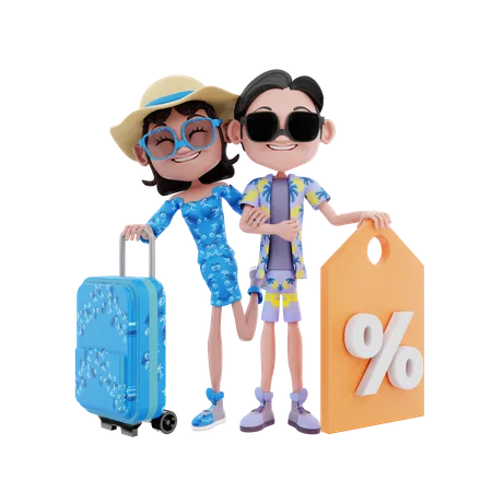 Pareja con bolso y descuento.  3D Illustration