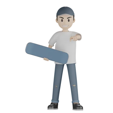 Patinador feliz mostrando algo enquanto segura o skate  3D Illustration