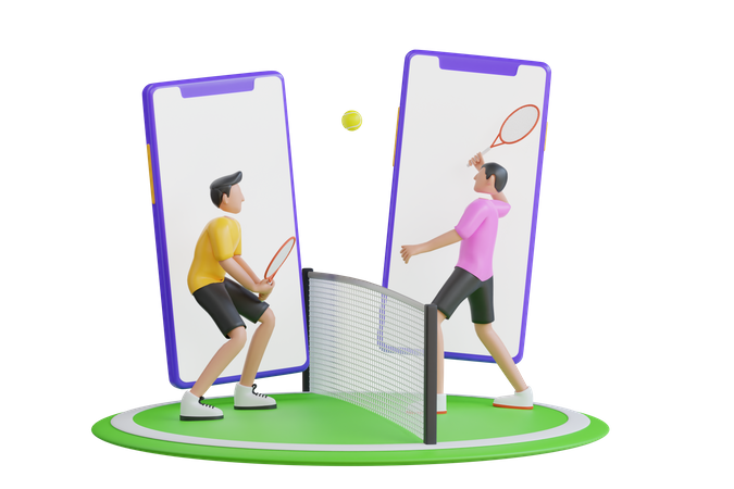 People Playing Tennis Ball Game Online  3D Illustration