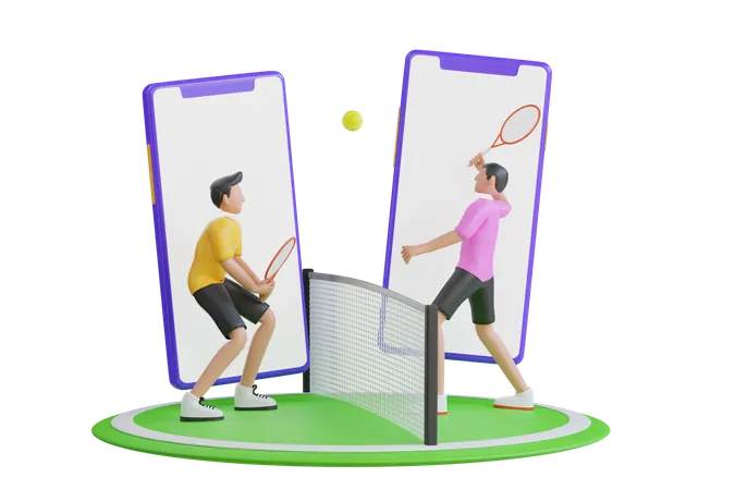 People Playing Tennis Ball Game Online  3D Illustration