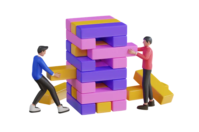 People Playing Wooden Cubes Block Puzzle  3D Illustration