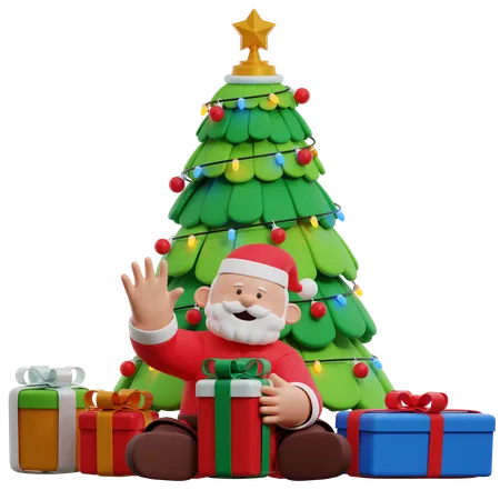 Père Noël avec sapin de Noël et cadeaux  3D Illustration