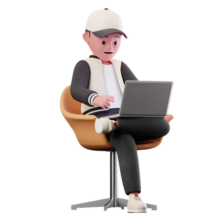 Personagem masculino sentado na cadeira e usando o laptop  3D Illustration