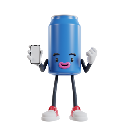 Lata de refresco personaje haciendo gesto de ganar mostrando la pantalla del teléfono móvil  3D Illustration