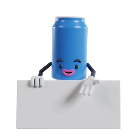 Personaje de latas de bebidas parado detrás de una pancarta blanca y mostrando pose con la mano izquierda  3D Illustration