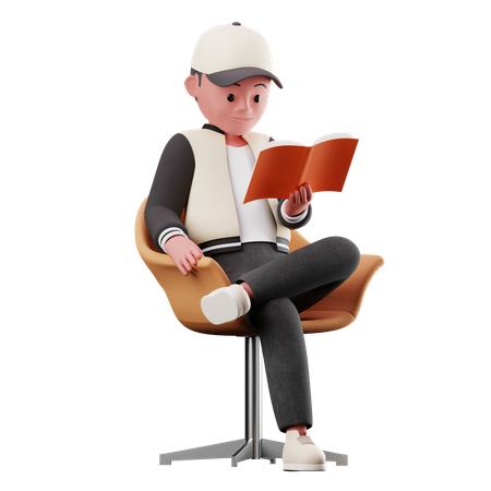 Personaje masculino sentado en una silla y leyendo un libro  3D Illustration