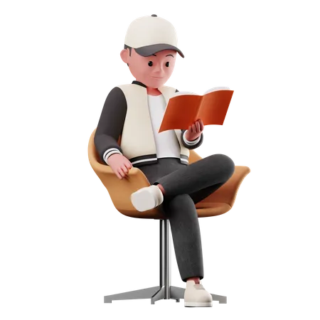 Personaje masculino sentado en una silla y leyendo un libro  3D Illustration