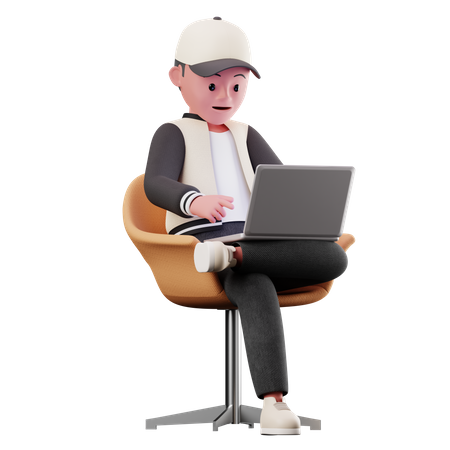 Personaje masculino sentado en una silla y usando una computadora portátil  3D Illustration