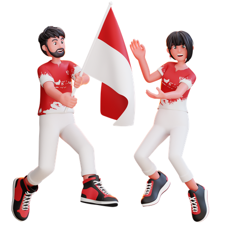 Personas sosteniendo la bandera de Indonesia en el Día de la Independencia  3D Illustration